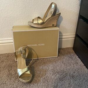 Michael Kors Kami Ankle Strap Metallic Leather Wedge Sandal